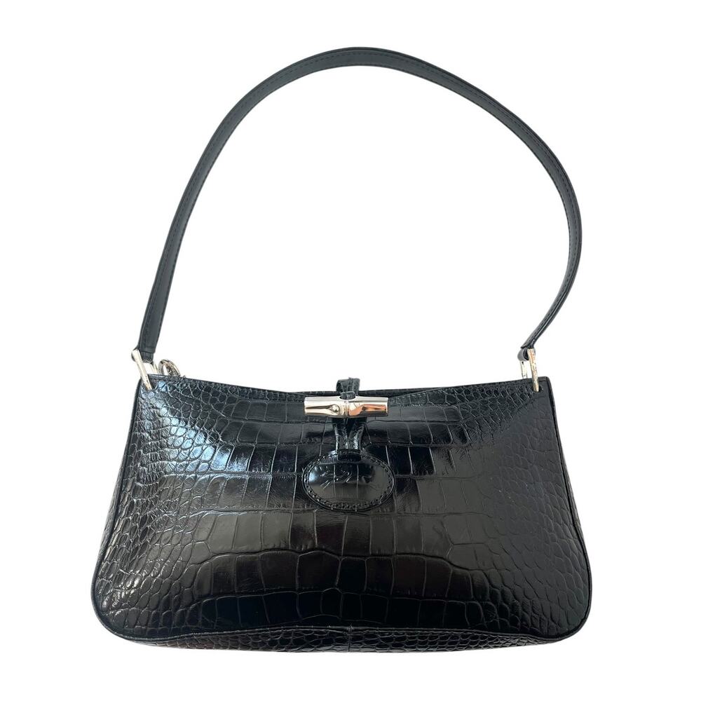 Longchamp Roseau Black Croc Embossed Leather Shoulder Bag Vintage Y2K